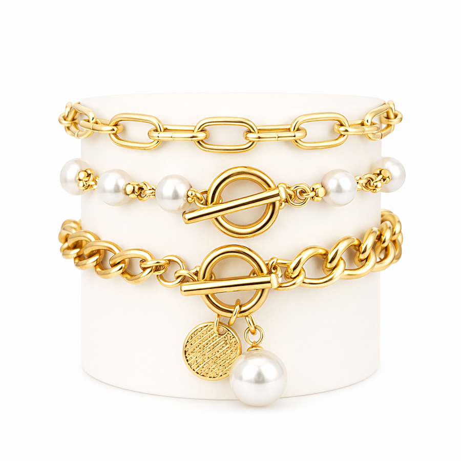 Chic 4-Piece Snake, Pearl and Link Bracelet Set