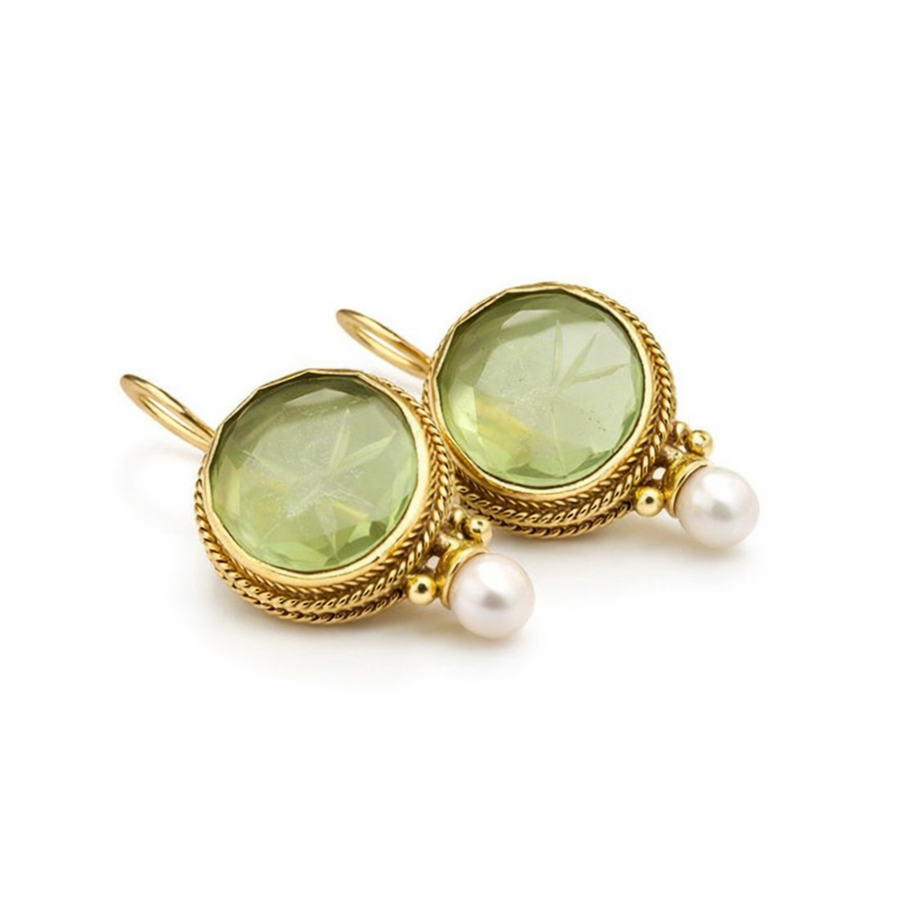 Antique Pearl and Round Green Stone Earrings