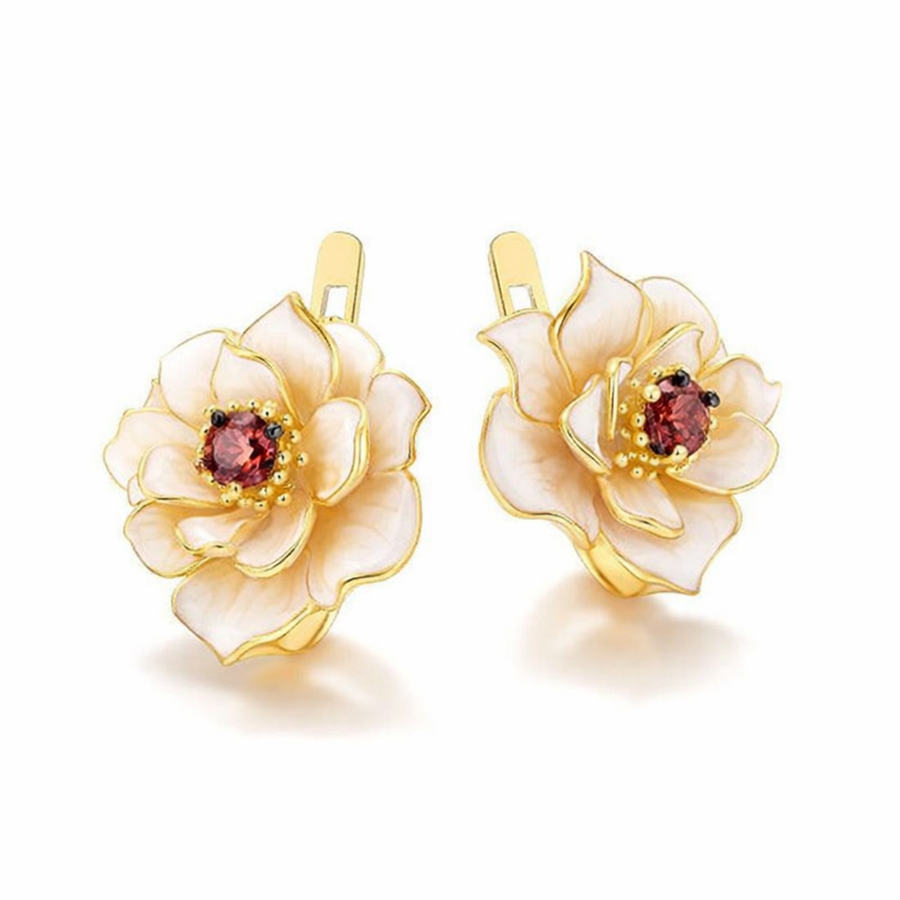 Red Zirconia White Flower Earrings