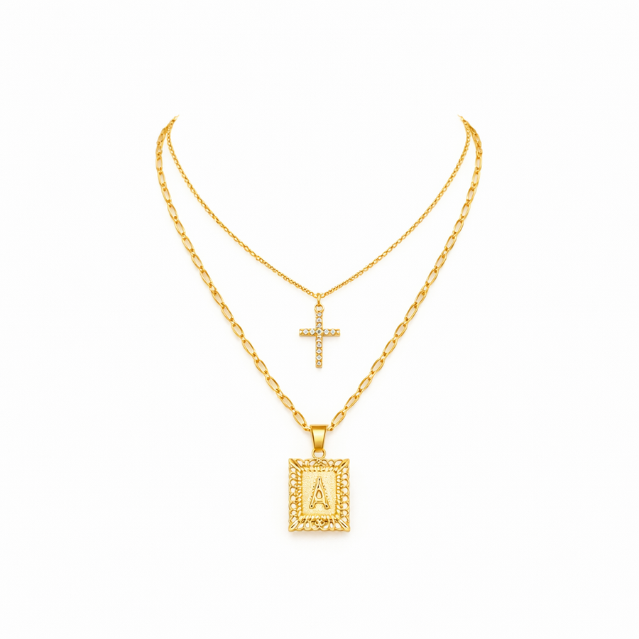 Initial and Cross Necklace Set