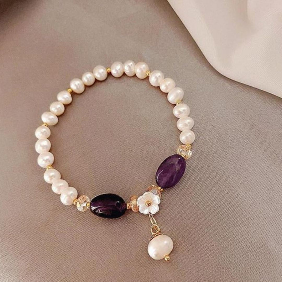 Pearl Bracelet with Purple Stone in Gold