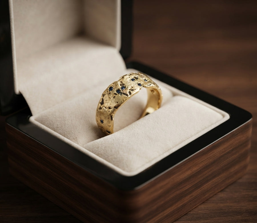 Antique Gold Forged Inlaid Blue Crystal Ring