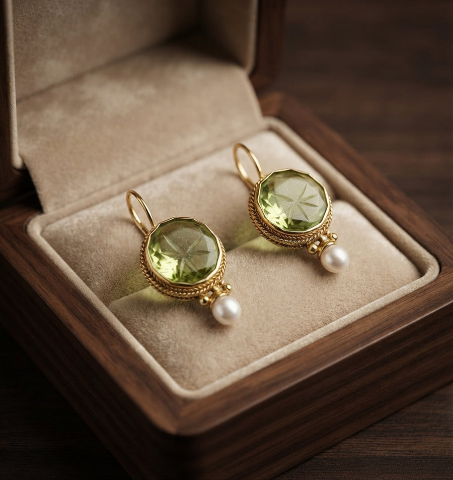 Antique Pearl and Round Green Stone Earrings