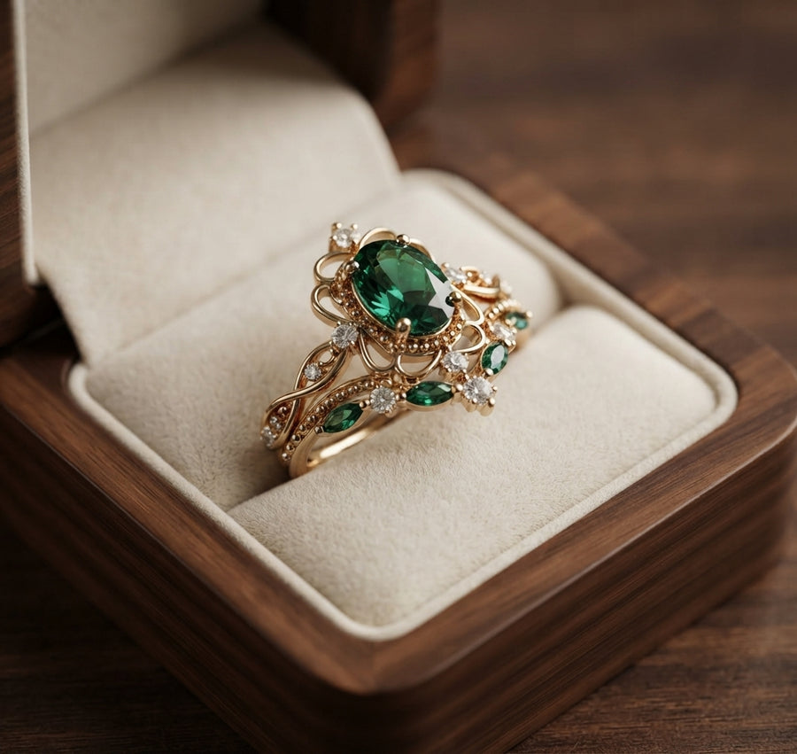Aurelle Emerald Crown Ring Set