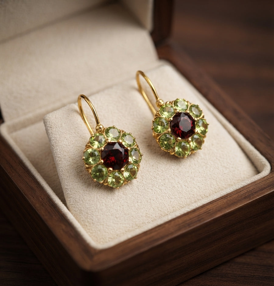 Vintage Round Green and Red Crystal Earrings