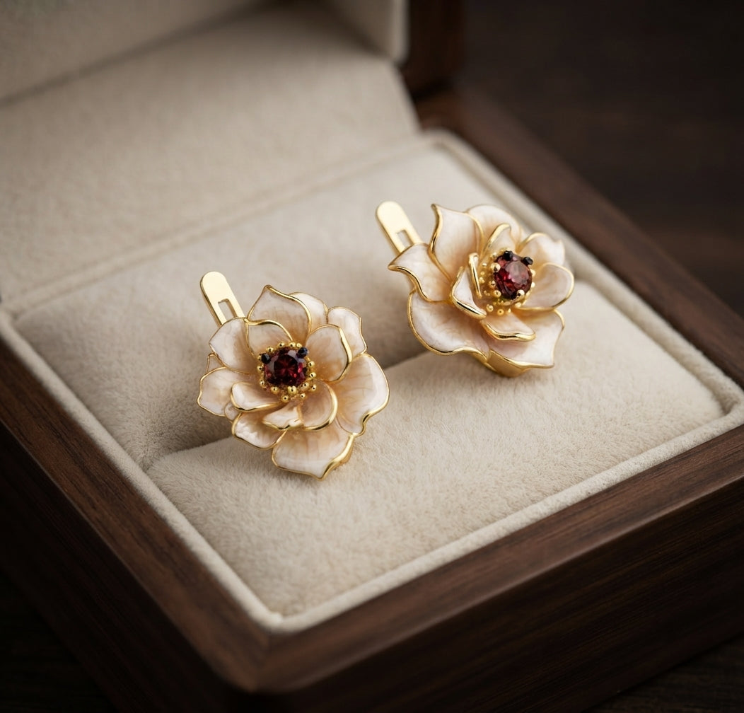Red Zirconia White Flower Earrings