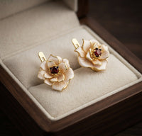 Red Zirconia White Flower Earrings