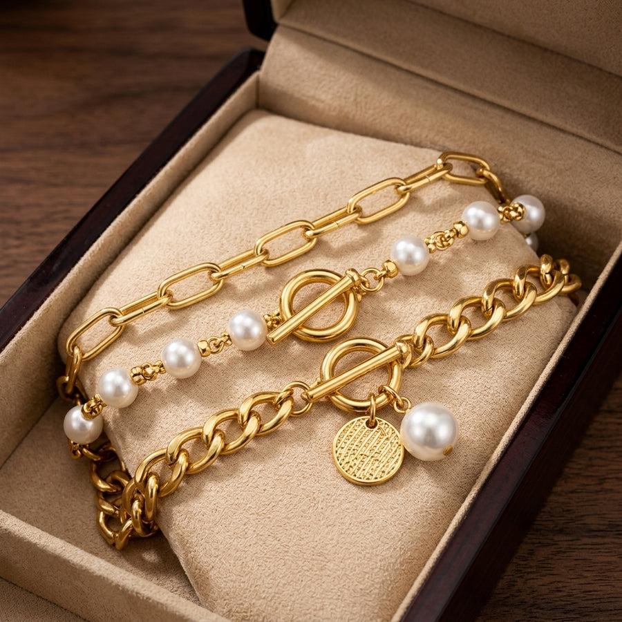 Chic 4-Piece Snake, Pearl and Link Bracelet Set