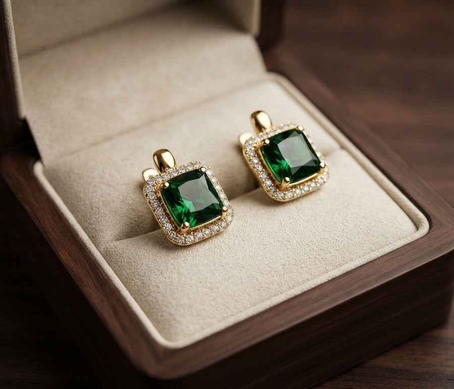 Green Gold Square Zirconia Earrings