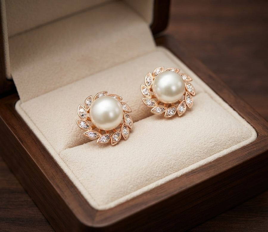 Exquisite Shimmering Pearl and Leaf Earrings