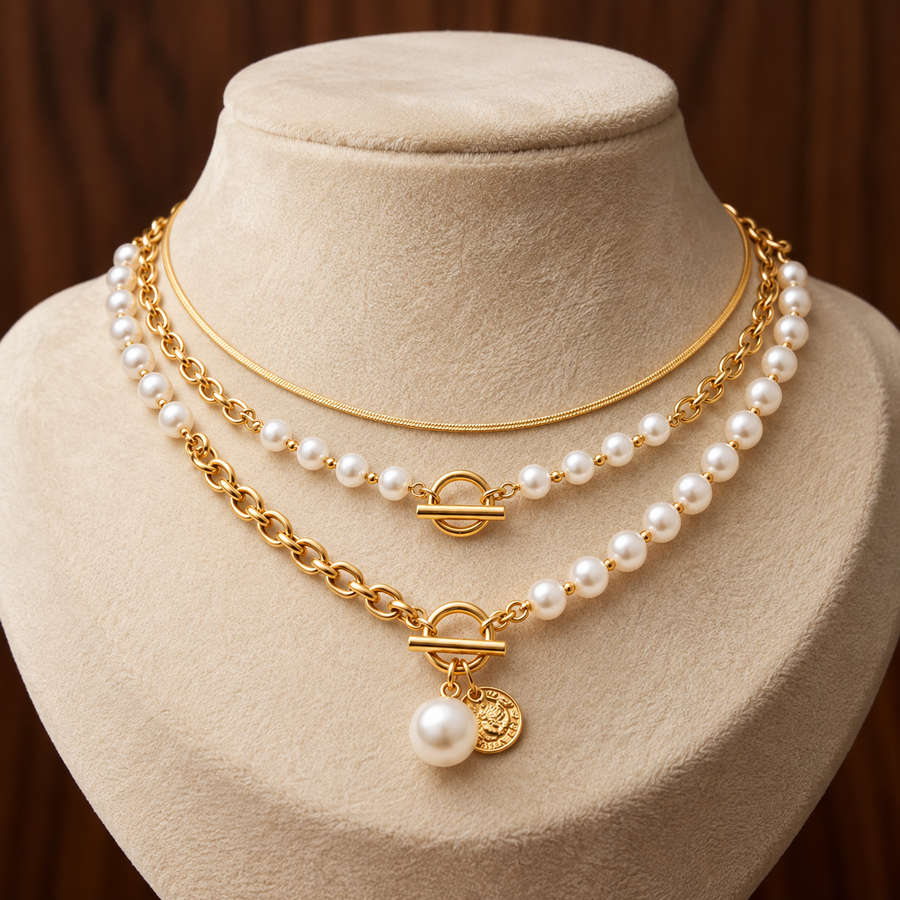 Vintage Snake Chain Necklace Set with Pearl