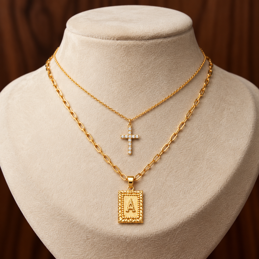 Initial and Cross Necklace Set